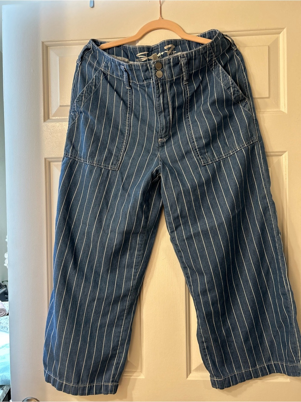 Blue and White Pinstripe Denim Palazzo Pants